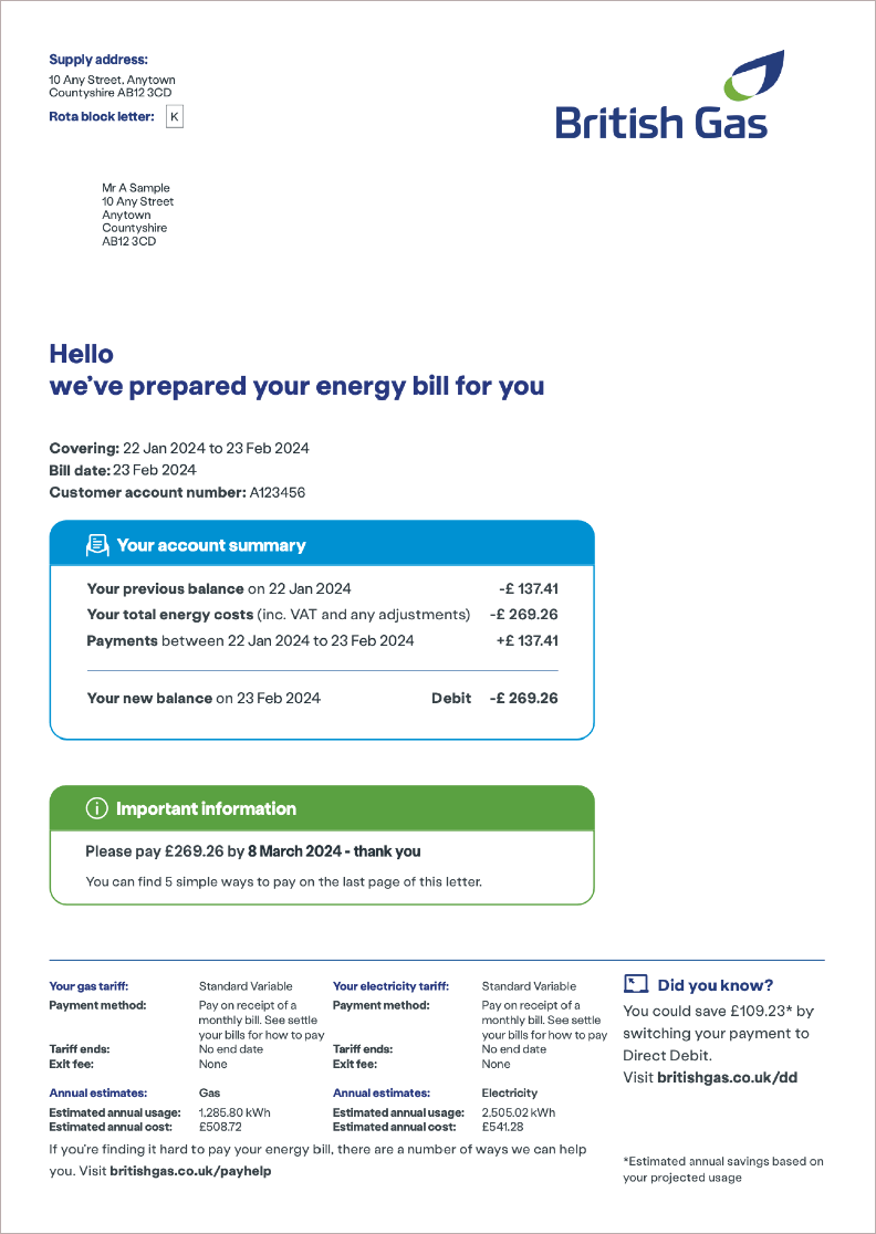 Domestic British Gas Bill.