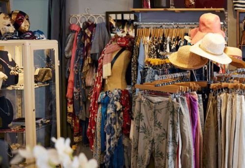 Close up image of inside a charity shop.